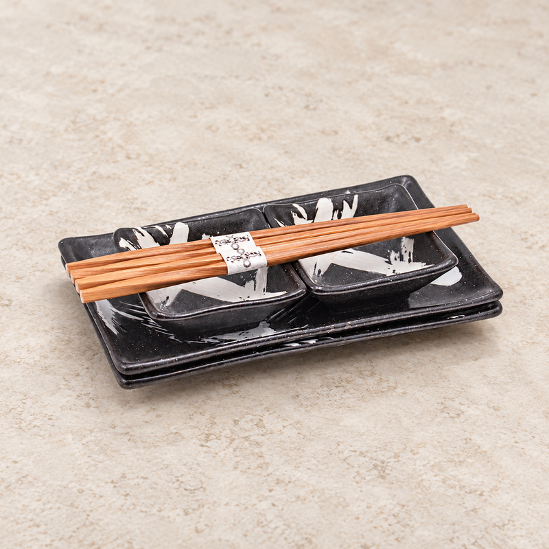 BH90-BW plates, square dishes and wood chopsticks arranged on a pale tabletop