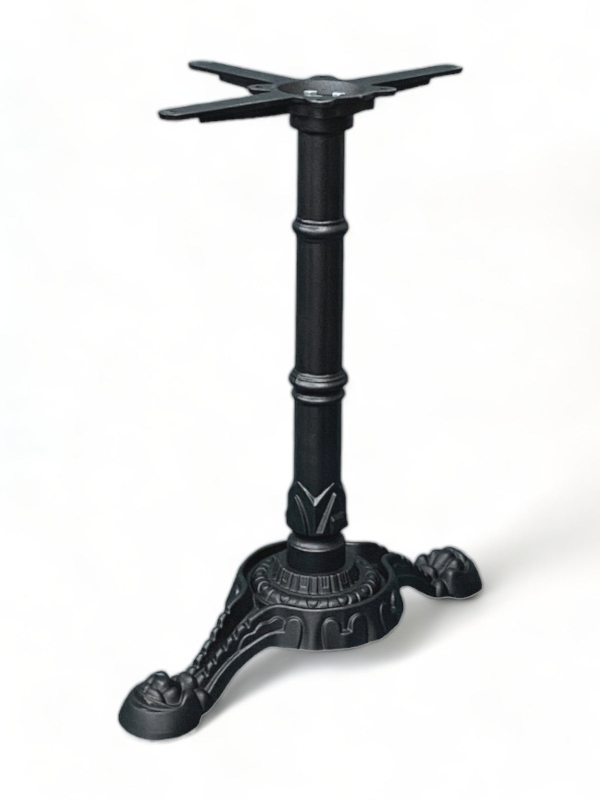 Black cast iron ornamental 2-prong t table base, 28-inch height