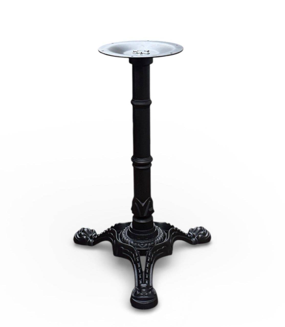 Black cast iron ornamental 3-prong table base, 28-inch height