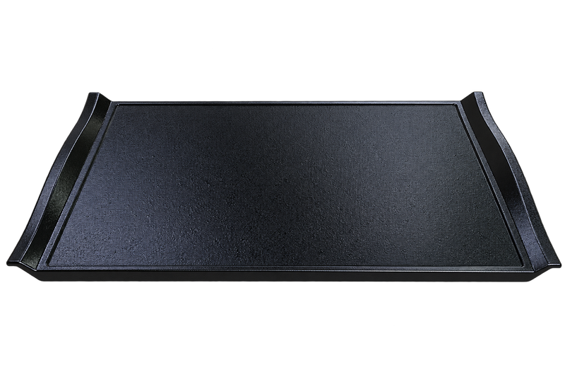 Black rectangular lacquer serving tray with a textured surface and raised short ends