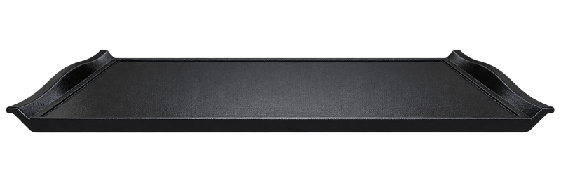 Low front view of the black lacquer serving tray and its upswept short ends
