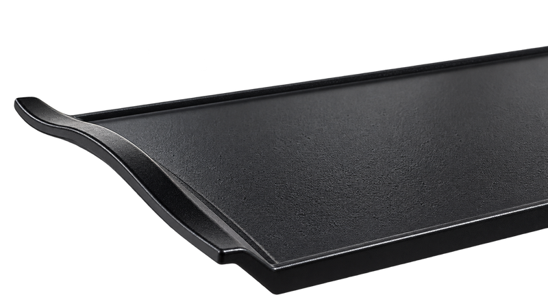Close-up of the black tray surface, inset border and raised end