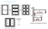 Blue Air BLPT48-D2L-HC manufacturer drawer pan layouts: top drawer holds one full-size, three one-third or six one-sixth pans; bottom drawer holds two one-third pans. Drawers accommodate 6-inch-deep pans.