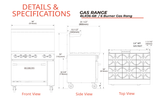 Blue Air BLR36-6B manufacturer front, side and top drawings showing overall dimensions, caster height and the rear 3/4-inch NPT gas inlet.