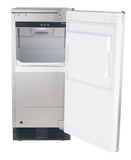 Blue Air BLUN-120A with the front door open, showing its built-in ice storage bin and Power, Wash and Check controls.