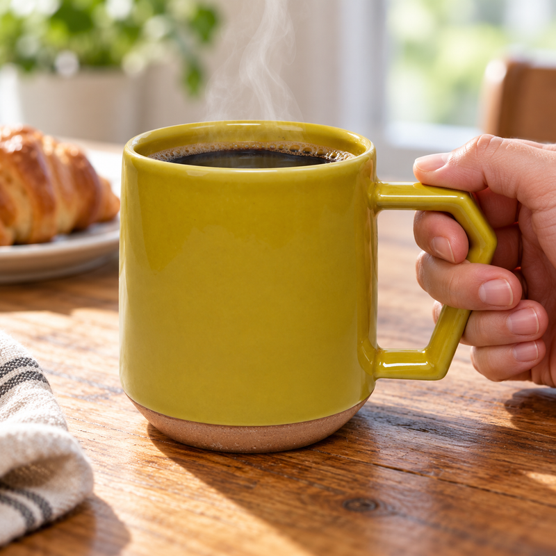 C009 mustard ceramic mug held with coffee