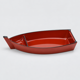 C100-R red lacquer sushi boat plate viewed from a lower angle