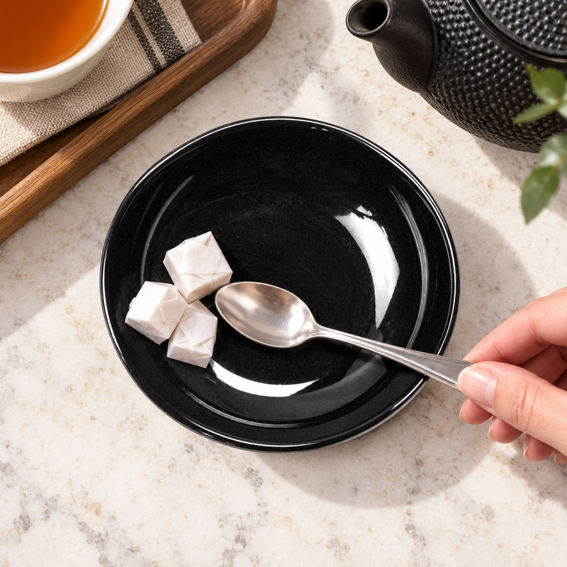 Black melamine dish with sugar and a separate spoon in tea-service staging