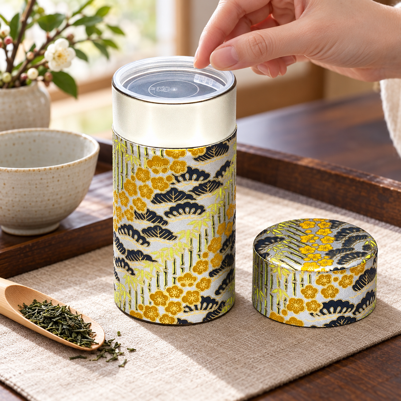1920BS botanical washi canister with outer lid removed and inner lid seated