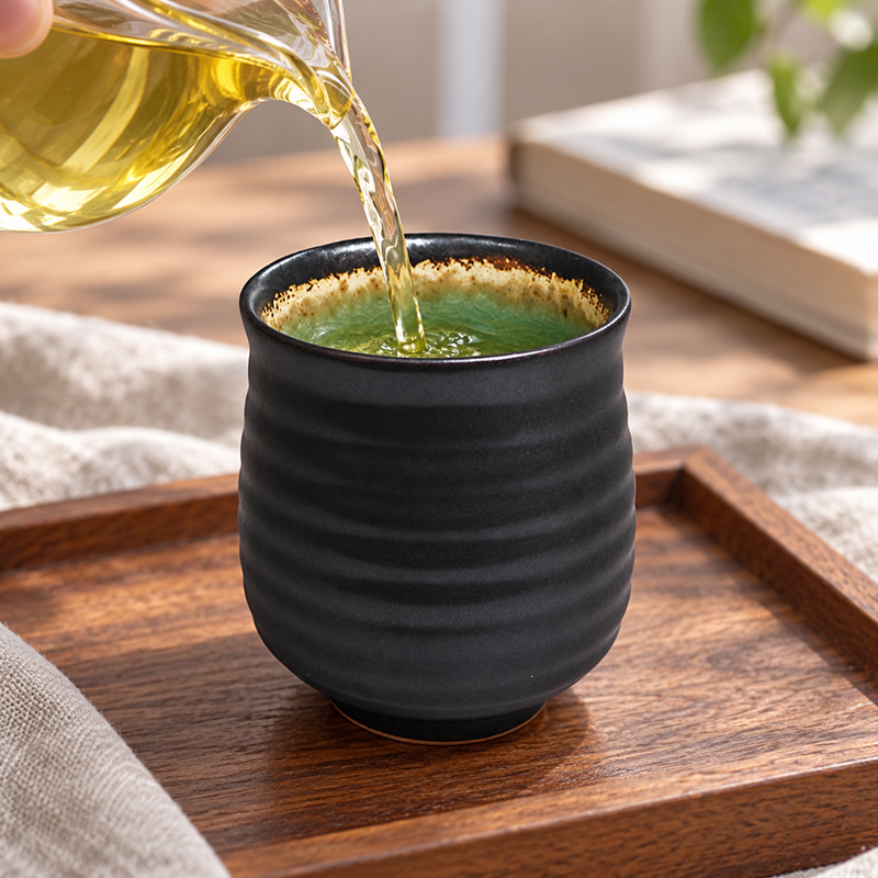 AS70-EM — Tea is poured into the pale green mug, showing its mottled finish, rounded rim and loop handle at the table. The teapot and other accessories are contextual and not included.