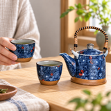 H2-2-32 blue floral and ladybug tea set during cup serving; tabletop accessories illustrative.