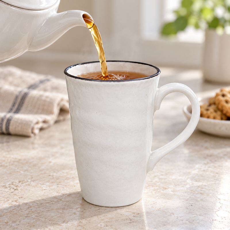K17-PE2 — Tea is poured into the tall pale mottled mug, showing its slender shape, narrow dark rim and sloping loop handle. The teapot and table setting are contextual and not included.