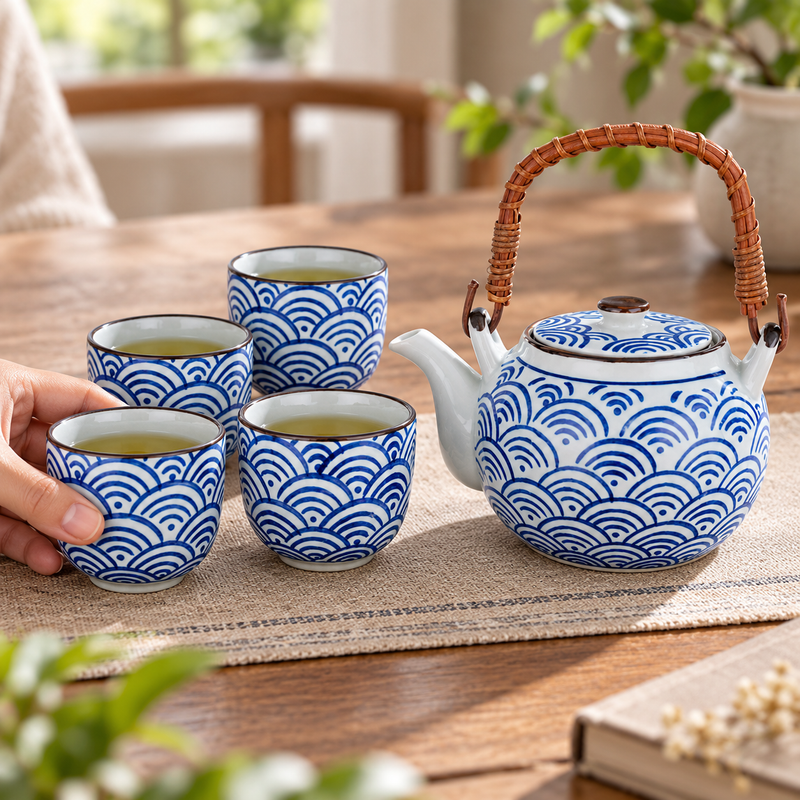 SH403 — The tea set is shown while a cup is served, preserving the teapot and four cups with their exact scalloped decoration. The surrounding table setting is contextual, not additional included pieces.
