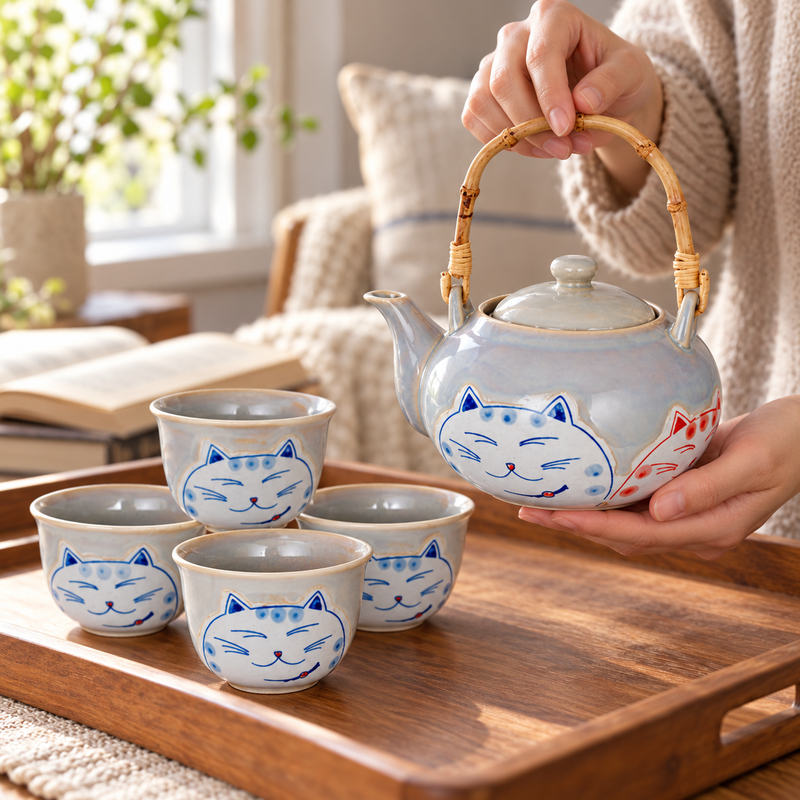 TPS121 — The upright handling view preserves the teapot silhouette, original bamboo handle hardware and partial red cat decoration. Its cups remain separate coordinated serving pieces.