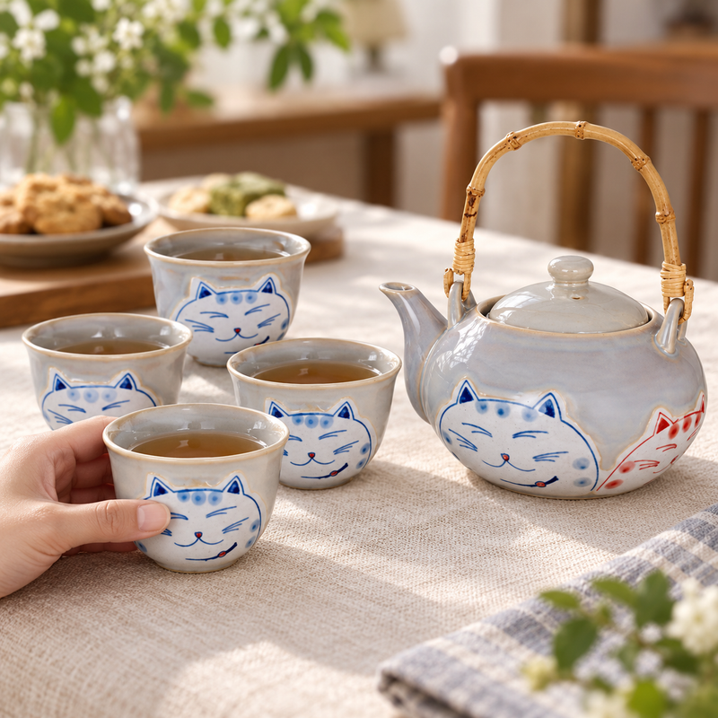 TPS121 — A cup-serving view shows the four small cups and gray teapot with their blue smiling-cat marks and red pot detail. The surrounding setting is contextual, not additional pieces.