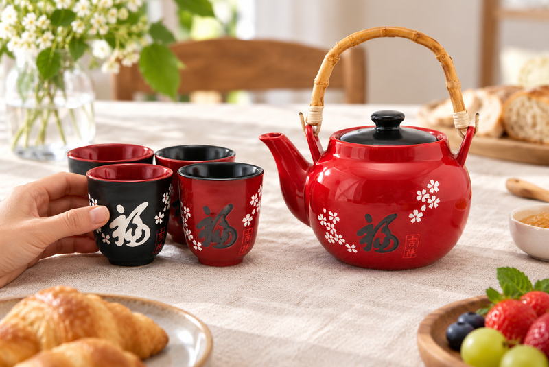 TPS4-333 — A cup-serving view shows the teapot and four coordinated two-color cups with their exact surface artwork and proportions. Other table accessories are contextual, not included.
