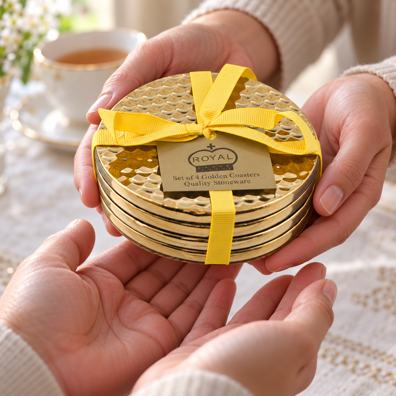 Ribbon-wrapped four-piece GD05-G gold-tone coaster set passed by hand