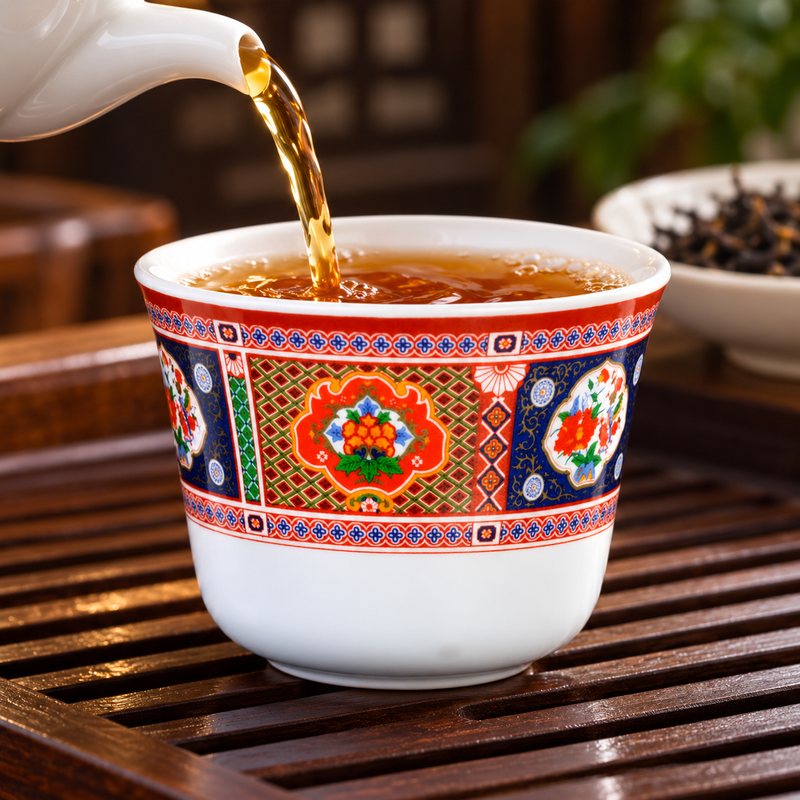 Tea poured into the colorful Peacock teacup