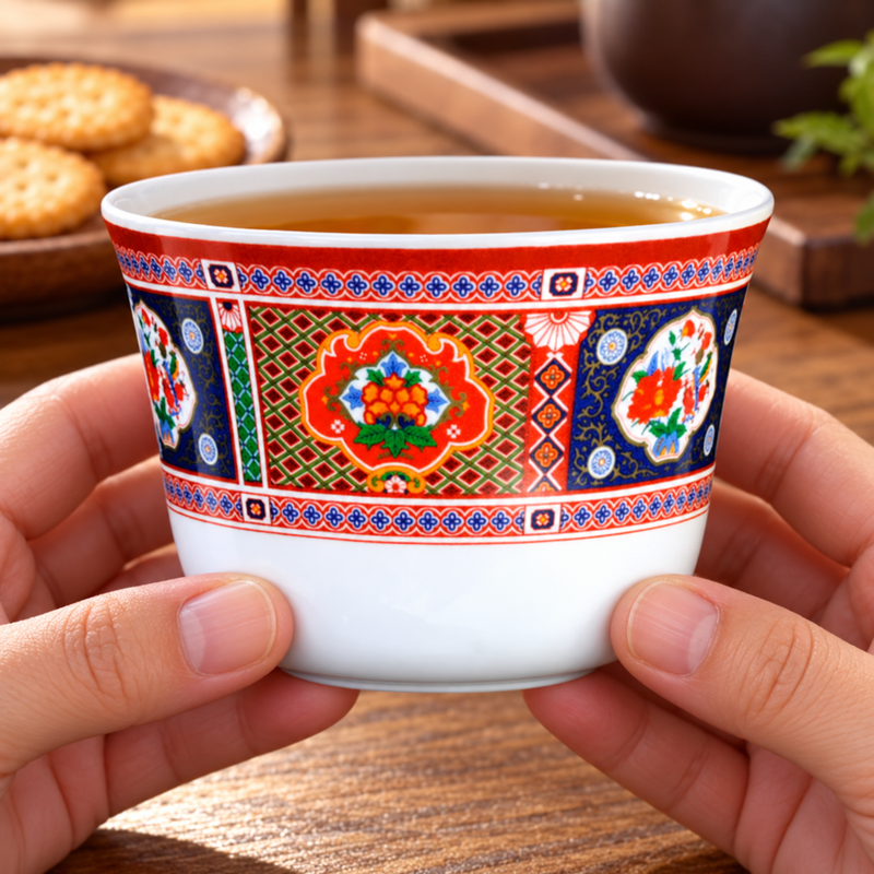 Peacock melamine teacup held during tea service