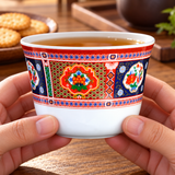 Peacock patterned melamine teacup held during tea service