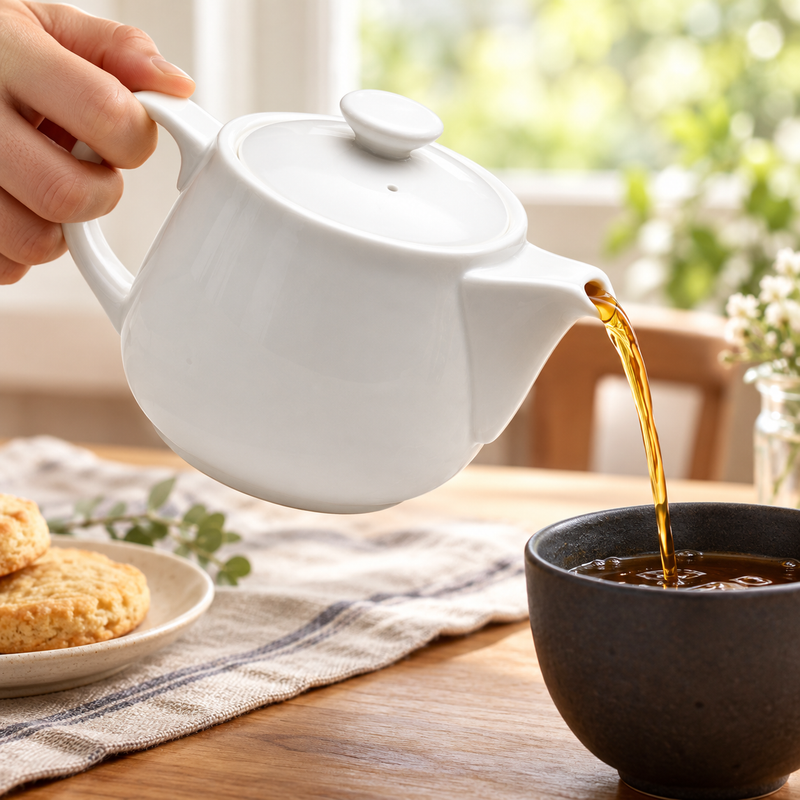 A10989 tapered white ceramic teapot pouring tea