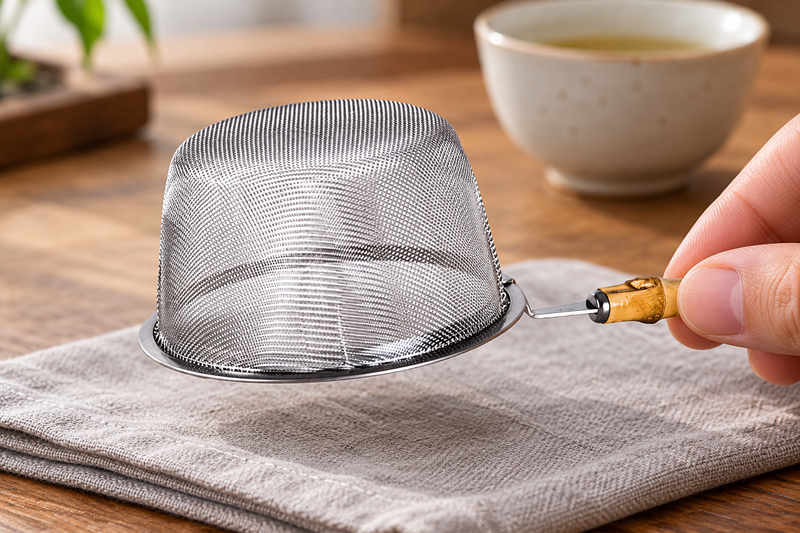 6592-80 mesh basket held by its short bamboo grip
