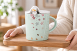 PC40-2 celadon sakura cat mug carried upright on a tray; tray is not included.