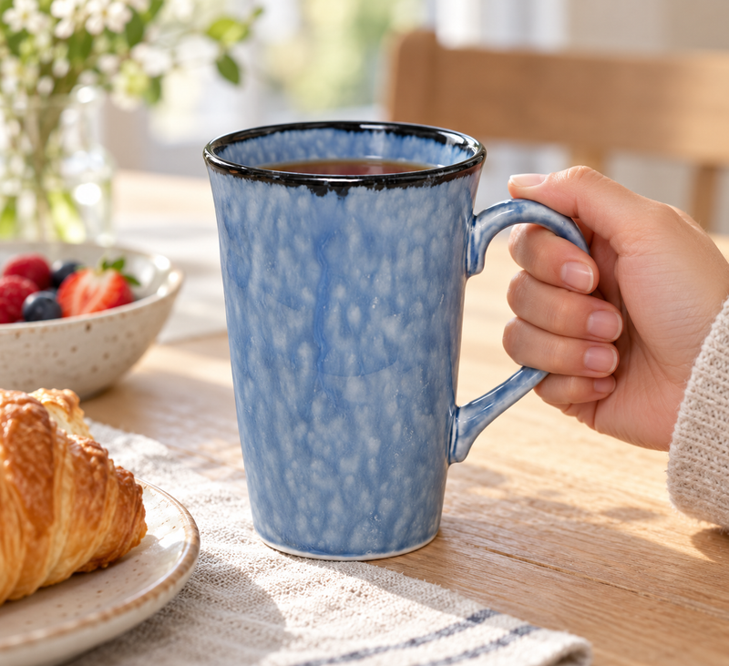 pt17-bl — A tall blue mug in hand