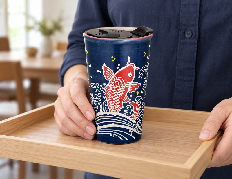 SM12-6728 — A carrying view shows the same koi artwork and seated lid on a separate tray. The lower hand support and tray provide context without implying extra included accessories.