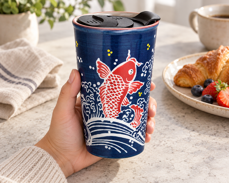 SM12-6728 — The red-koi tumbler is held at a breakfast table, keeping its white wave artwork, thin red rim and original black lid visible at serving scale. Breakfast items are not included.