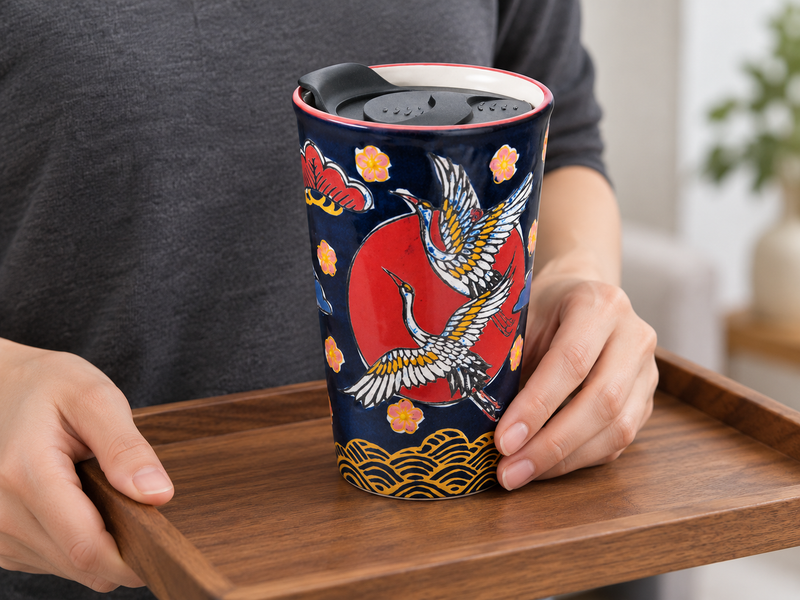 SM12-7007 — A tray-carrying view shows the same printed front and thin red rim in a distinct handling moment. The tray is contextual and not included with the tumbler.