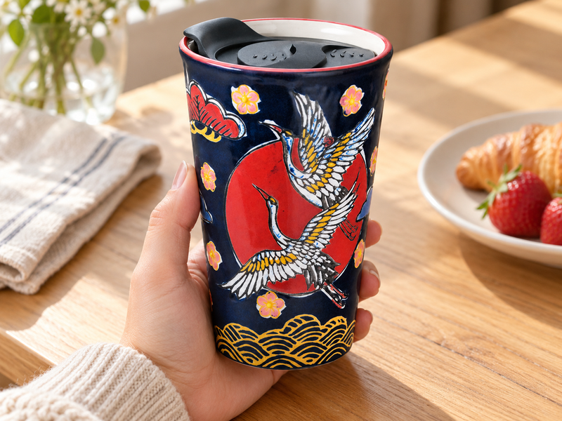 SM12-7007 — The crane-pattern tumbler is held beside a breakfast table, showing its paired birds, red sun disk, blossoms and yellow wave arcs beneath the seated black lid. Scene accessories are separate.