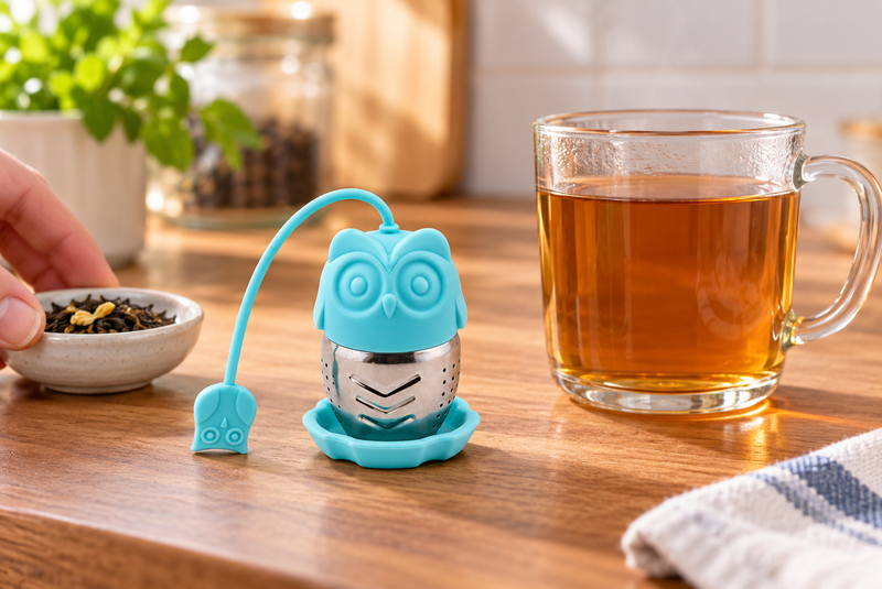 Blue owl tea infuser on matching rest beside loose-leaf tea preparation