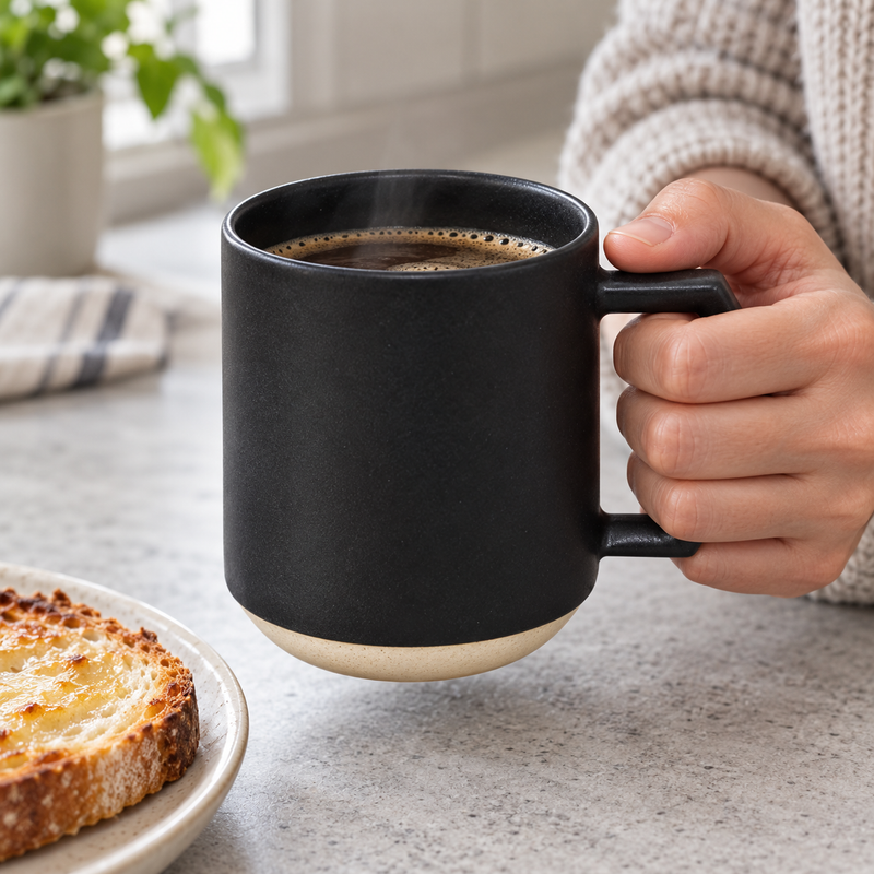 C001BK black ceramic mug with angular handle and contrasting base