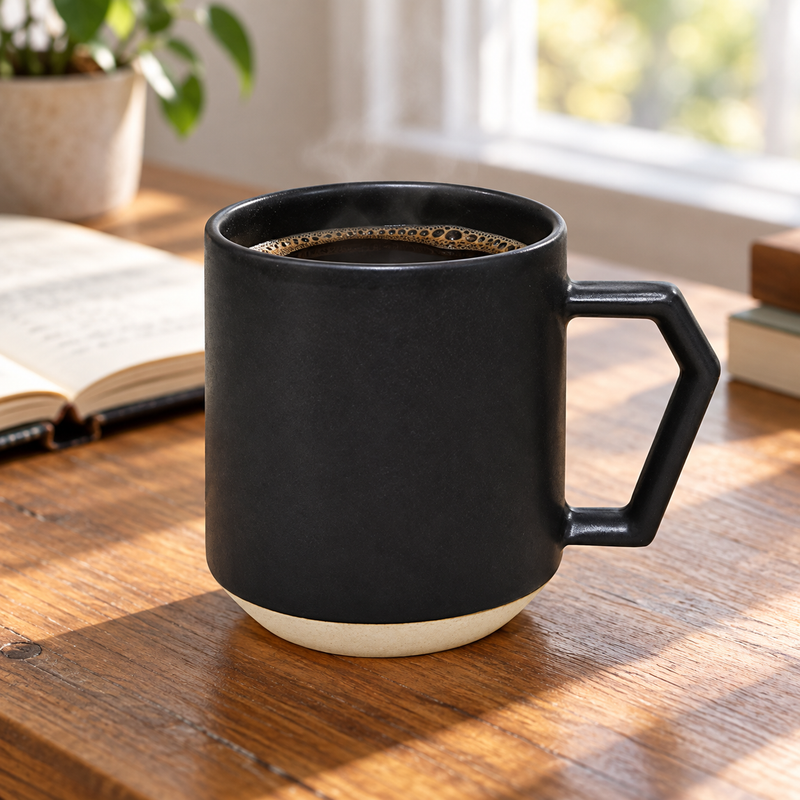 C001BK black ceramic mug with angular handle and contrasting base