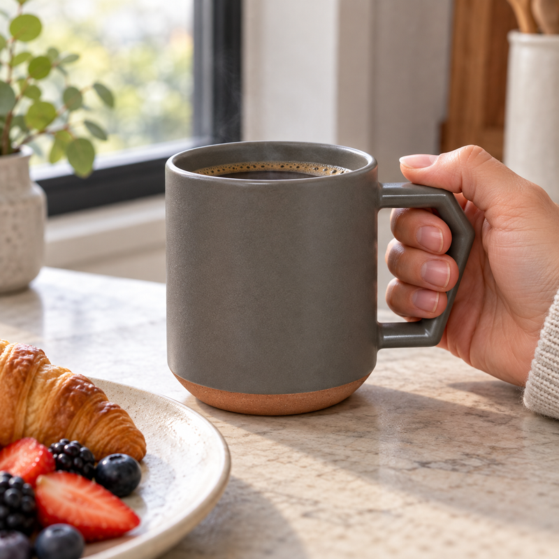C001GY gray ceramic mug with angular handle and contrasting base