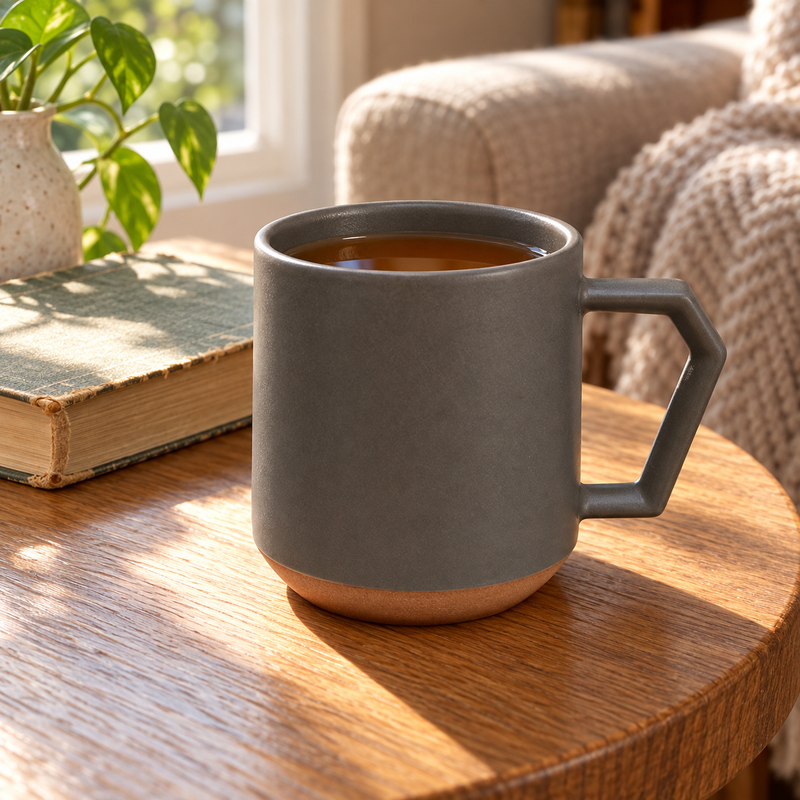 C001GY gray ceramic mug with angular handle and contrasting base
