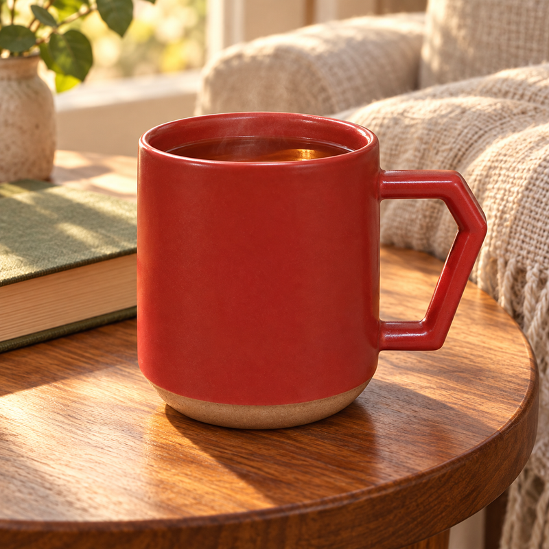 C001RD red ceramic mug with angular handle and contrasting base