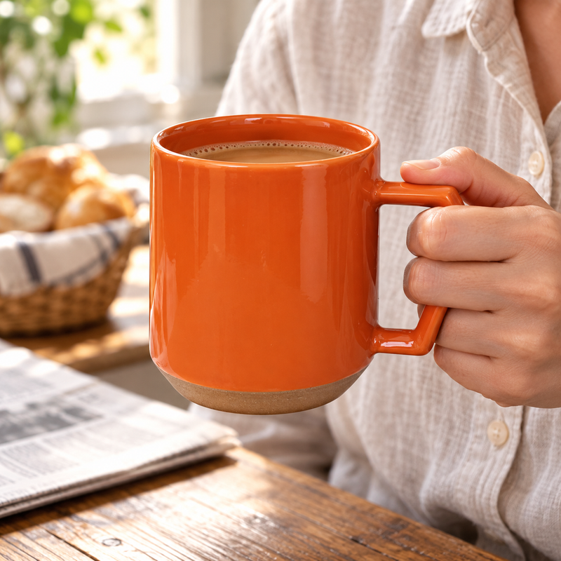 C011 orange ceramic mug with angular handle and contrasting base