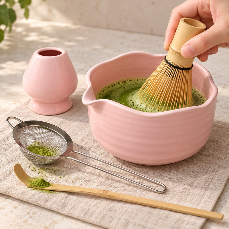 Pink G537S matcha bowl in use with bamboo whisk and matching tools