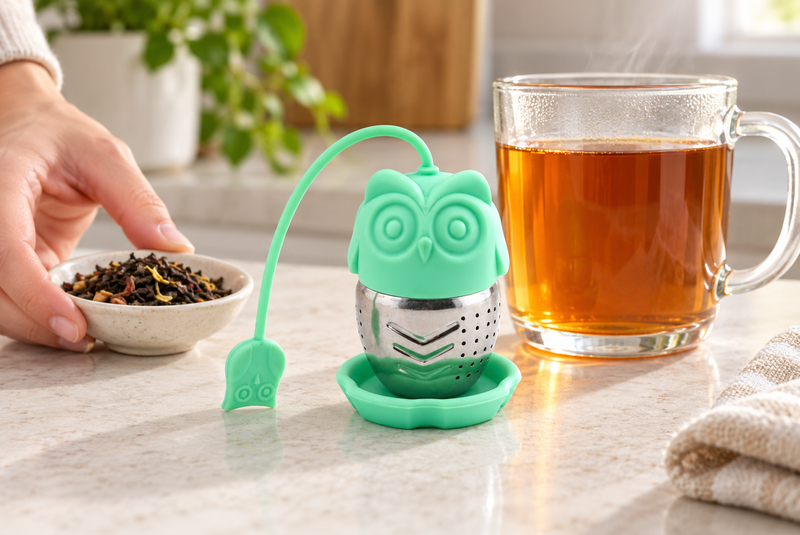 Green owl tea infuser on matching rest beside loose-leaf tea preparation