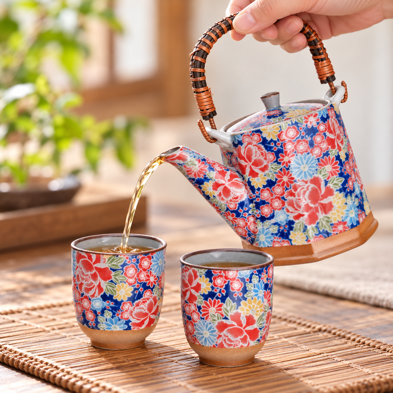 H2-19-2 floral teapot pouring into a matching cup
