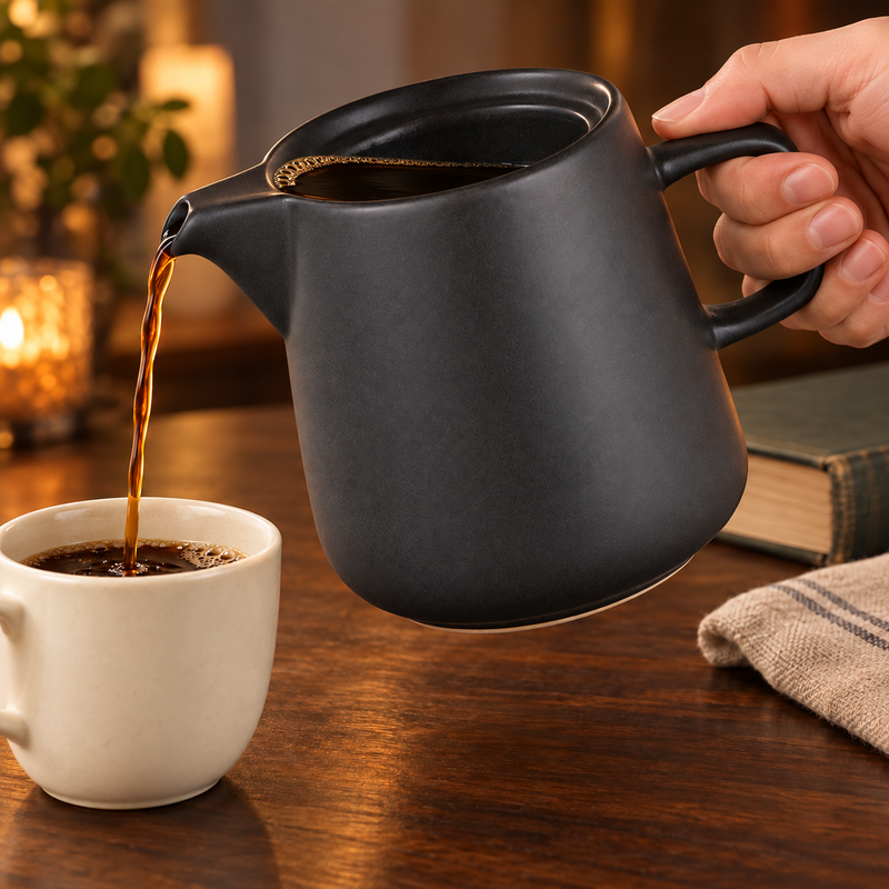 Black JHCD2 coffee pot pouring coffee into a cup