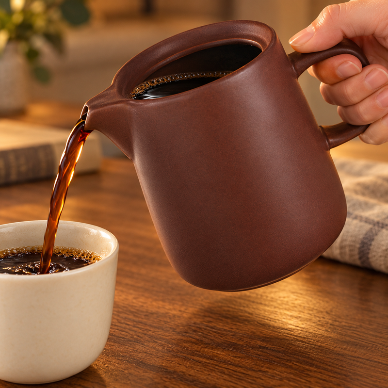 Brown JHCD2 coffee pot pouring into an individual cup