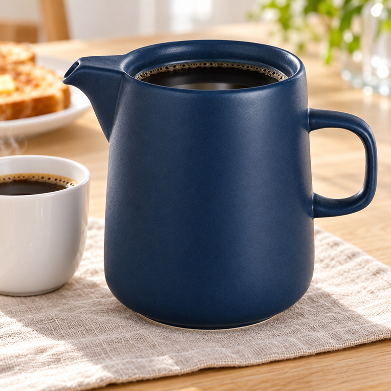 Navy-blue JHCD2 ceramic pot with prepared coffee at breakfast