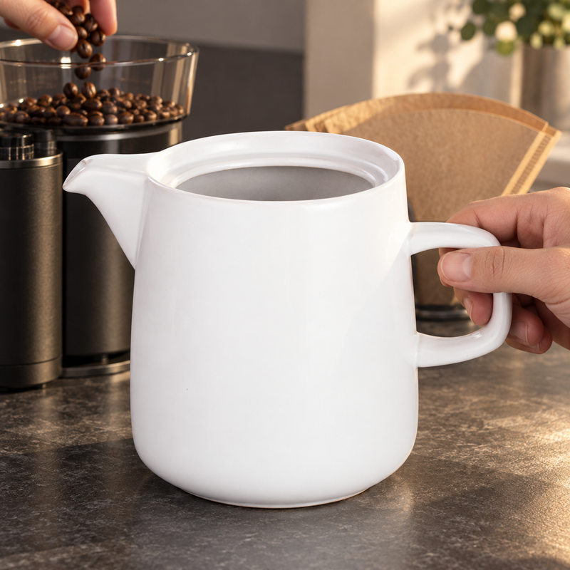 White JHCD2 ceramic serving pot positioned beside a coffee grinder