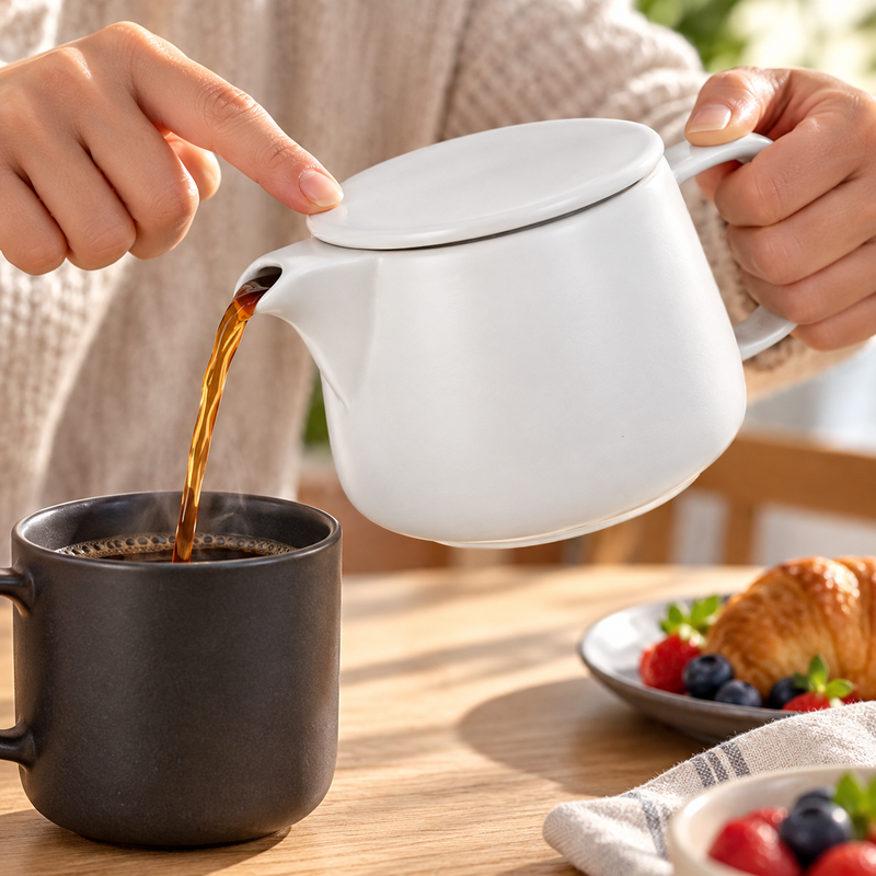 White coffee pot — Coffee poured from the short spout