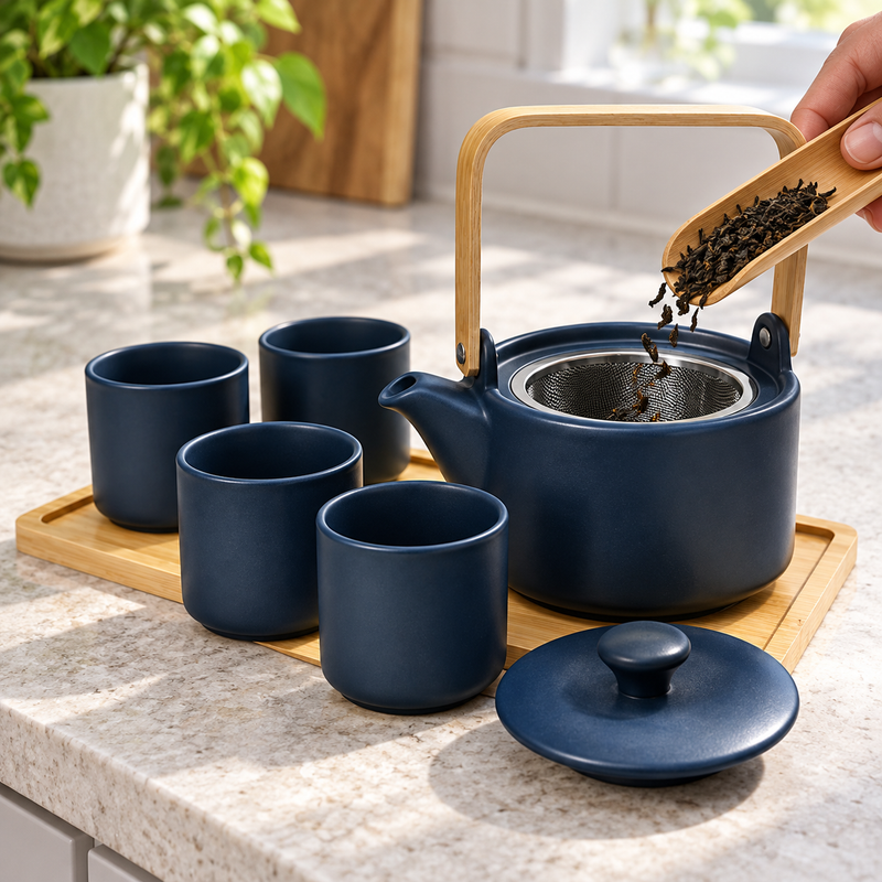 Navy JHS7 tea set with four cups in a loose-leaf tea preparation scene
