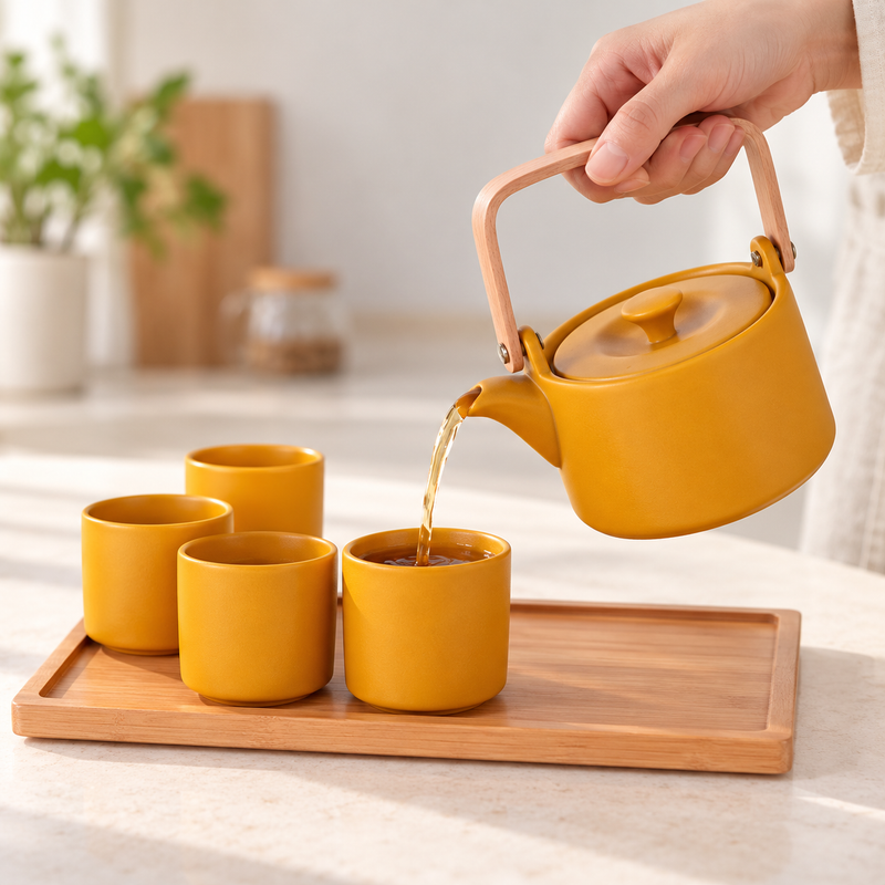 Yellow JHS7 teapot pouring tea into a matching cup