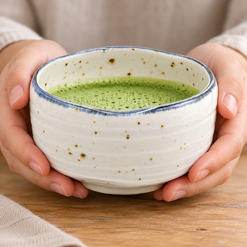 K537-WB white speckled blue-rim bowl holding prepared matcha in hands